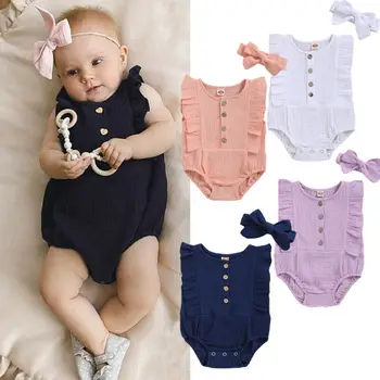 

Cute Newborn Baby Girl Cotton Linen Romper Summer Sleeveless Jumpsuit Headband Outfit Infant Baby Girl Solid Color Clothes Set