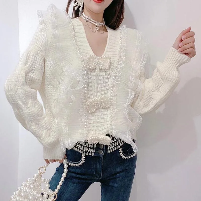 2021 Sweater Korean Sweet Bowknot Pearl Beaded Tassel Lace Stitching Loose Slim Knit Sweater Top Spring and Autumn cute sweaters