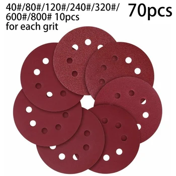 

70PCS Sanding Discs Sander Sandpaper Hook And Loop Grit 8 Holes 5 Pads