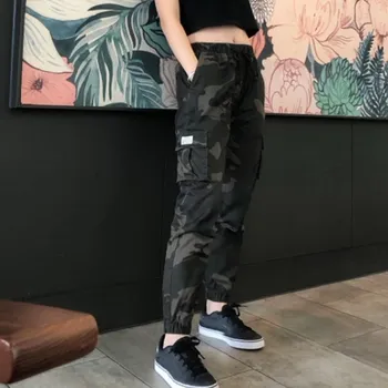 

Korean Female Streetwear Camouflage Cargo Trousers Women Casual Khaki Joggers Elastic Waist Loose Pants