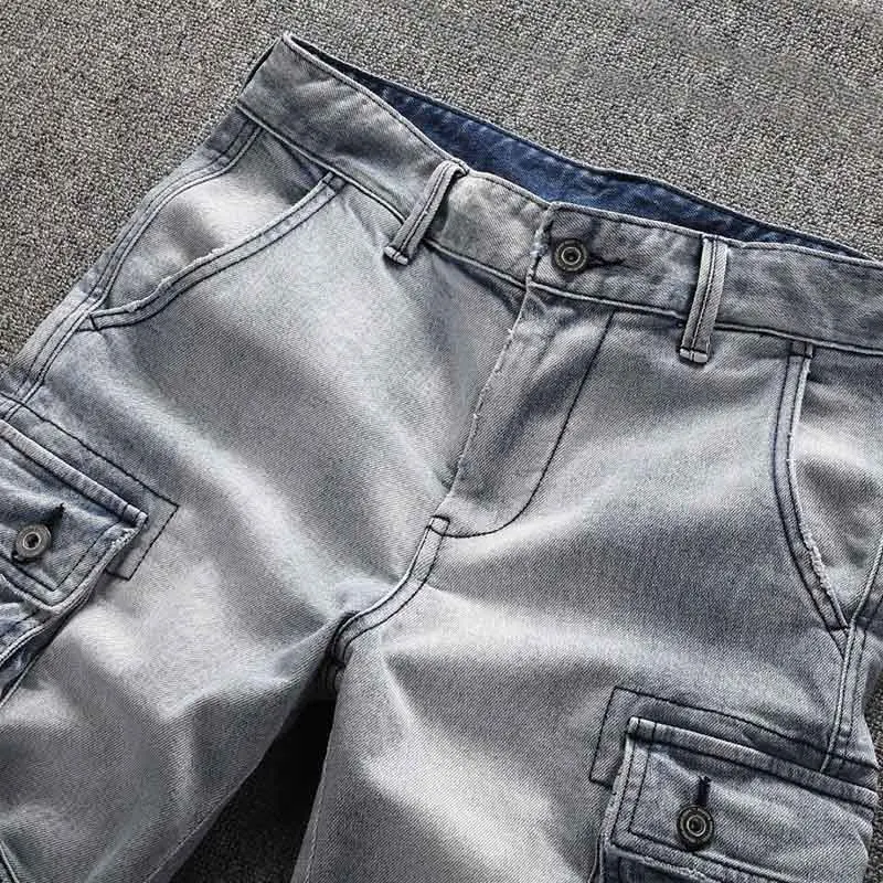 KIOVNO Summer Men Cargo Casual Denim Shorts Straight Washed Jeans Shorts Male Multi Pockets (5)