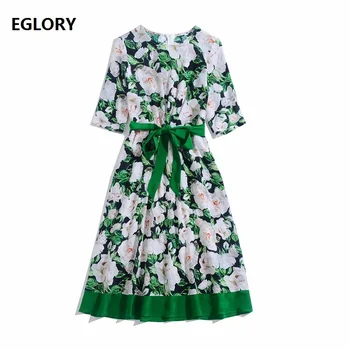 

Top Quality Silk Dress 2020 Summer Style Women Charming Flower Green Leaves Print 3/4 Sleeve Mid-Calf Elegant Party Tunic Dress