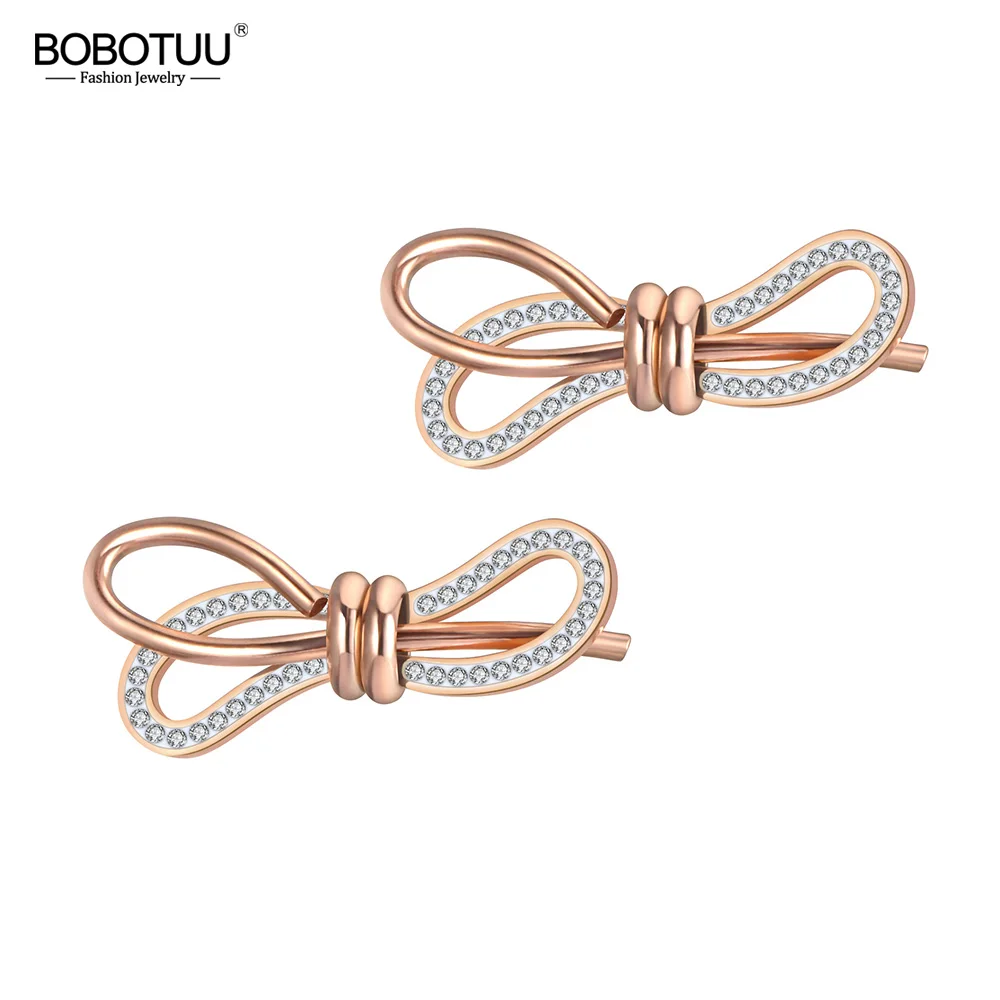 BOBOTUU трендовые геометрические серьги с бантами из нержавеющей стали ювелирные изделия из розового золота глина стразы вечерние серьги для женщин BE19122