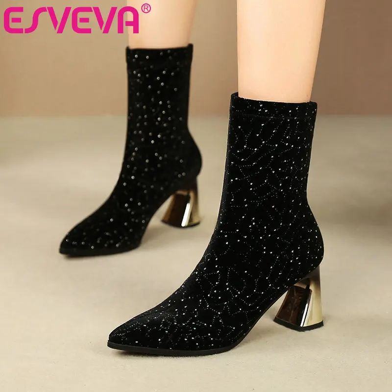 

ESVEVA 2020 Women Shoes Winter Ankle Boots Elegant Pointed Toe PU+ Leather High Heel Sexy Motorcycle Platform Boot Size 34-42