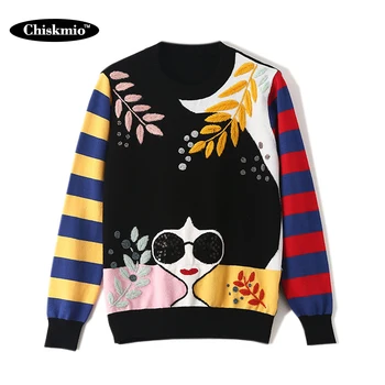 

Sequin Decoration Cartoon Pattern Sweater Women Striped Sleeves Knitting Pullover Fashion Knitwear Female Jumper Knitted Tops