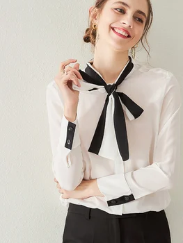 

White Silk Top Women's Long-Sleeved Shirt Autumn 2020 New Fashion Contrasting Color Ribbon Silk Top Dropshipping