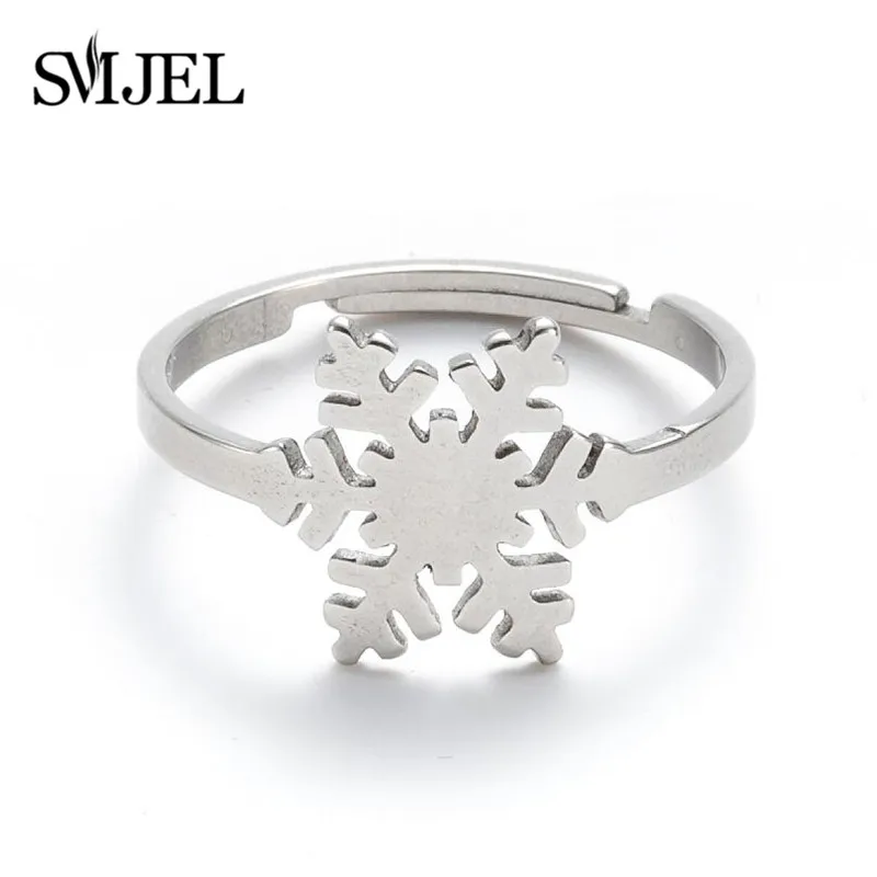 SMJEL Cartoon Elk Deer Rings Tiny Snowflake Finger Ring for Girls Kid Stainless Steel Christmas Tree Jewelry Women pendientes