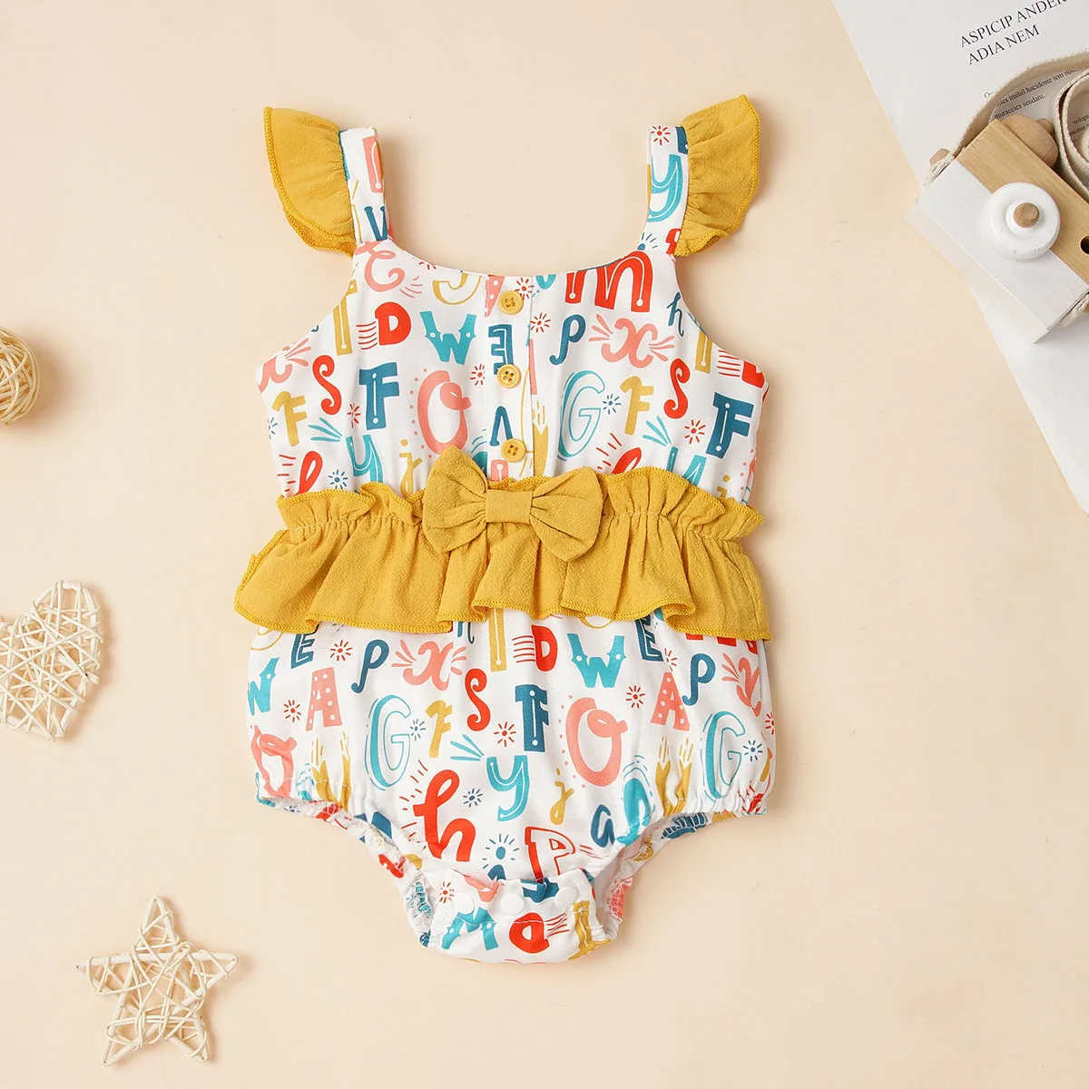 

AA Infant Fly Sleeve Bodysuit Summer Baby Girls Sweet Style Letter Printing Splicing Jumpsuit Clothing for Travel Vacation