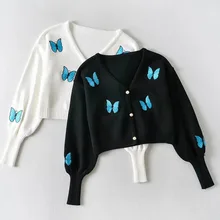 Korea Style Vintage Embroidery Butterfly Cardigan Tank Top Single-breasted Button Knitted Crop Sweater Jumper