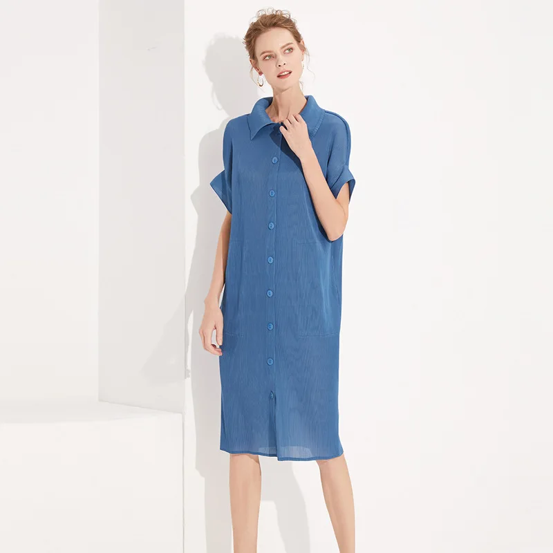 LANMREM 2020 Autumn And Summer Turn-down Collar Half Sleeves Pleated Single Breasted Shirt Dress Female Vestido WJ19211 | Женская одежда