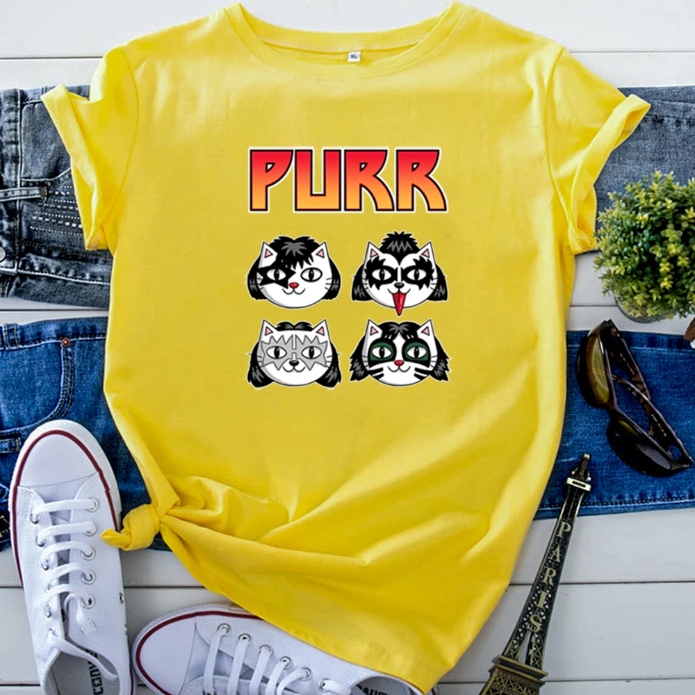 Four Cats With Different Hairstyles Print Woman T-Shirts Solid Color Fashion Tshirt For Women Hip Hop Harajuku Women'S Shirts