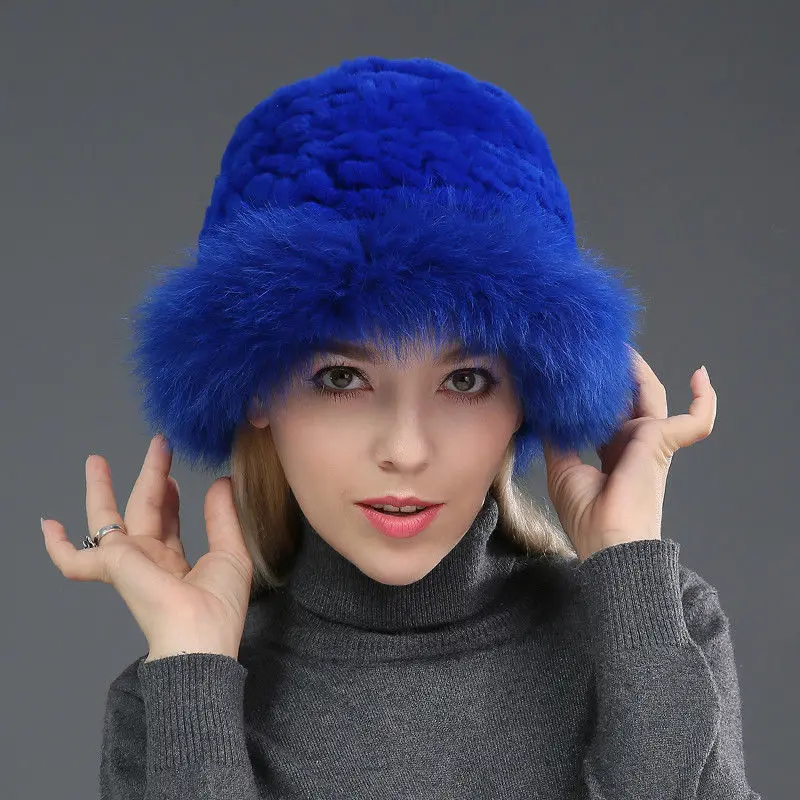 100%Real Rex Rabbit Fur Knitted Beanies Top Hat Fox Fur Brim Ladys Fur Hat Cap - Color: Blue