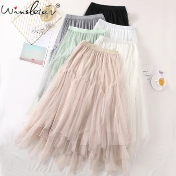 

Elastic High Waist Tulle A-line Skirts Womens Candy Color Irregular Mesh Midi Skirt Summer New Sweet Skirt Faldas юбка B04905B