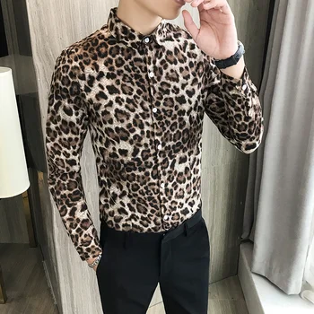 

Men's Social Shirt Long Sleeve Leopard Print Casual Shirts Man Slim Fit Black Vintage Shirts Male Fashion Blouse 2020 Clothes