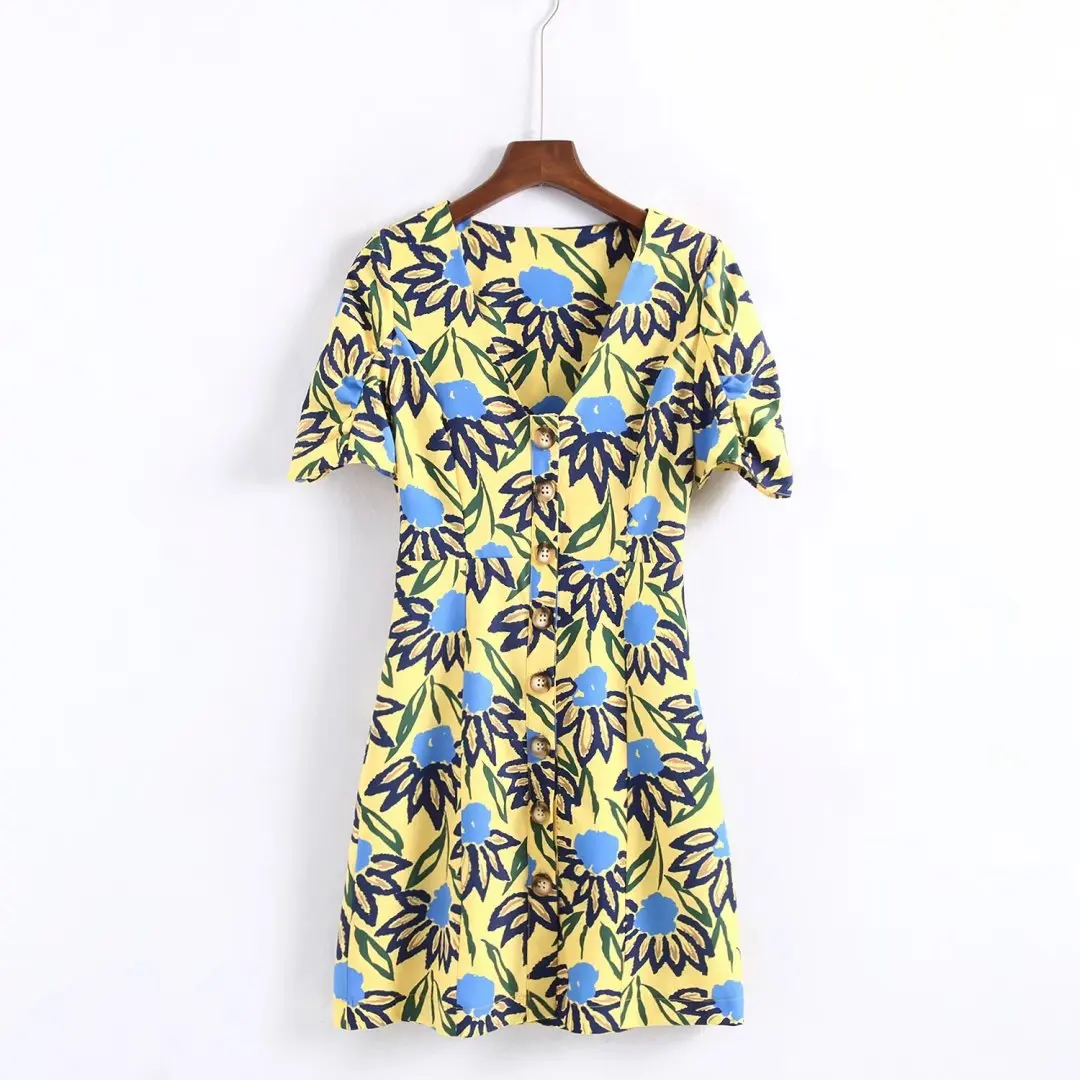 

2018 Spring And Summer Europe And America WOMEN'S Dress V-neck Yellow Printed Slim Fit Short-sleeve Dress 8351