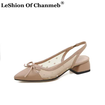 

Block Heels Women Slingbacks Shoes Square Heels Pointed Toe Sweet Bowtie Shoes Mesh Lace Pumps Female Large Size 33-43 Footwear