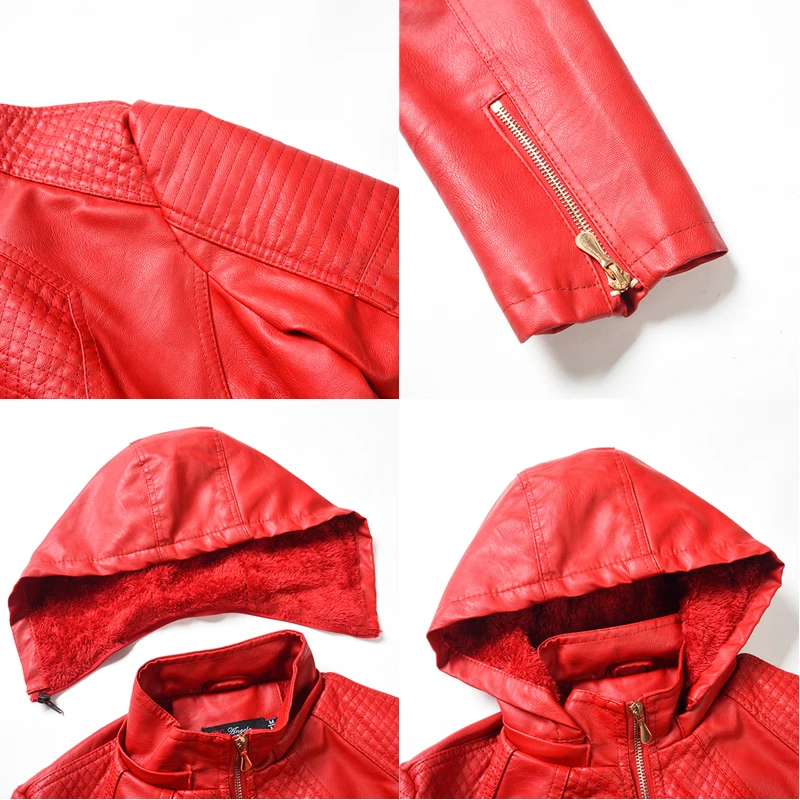 thicken Women jacket tops Casual Zipper PU Hooded Coat cool leather Jacket Motorcycle Slim Biker Parka Outerwear ladies bomber