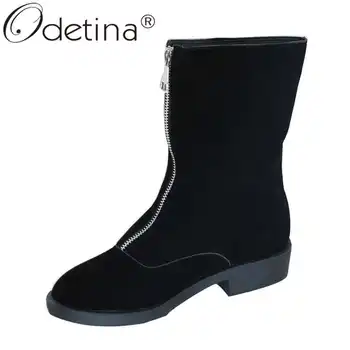 

Odetina Women Fashion Winter Round Toe Zip Up Front Zipper Ankle Boots Ladies New Block Chunky Heel Faux Suede Sexy Short Boots
