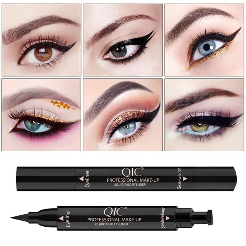 QIC Double-headed Seal Eyeliner Liquid Makeup Pen Waterproof Lasting Cat Eye Liner Stamp Black 2 In 1 Wing Eyeliner TSLM1