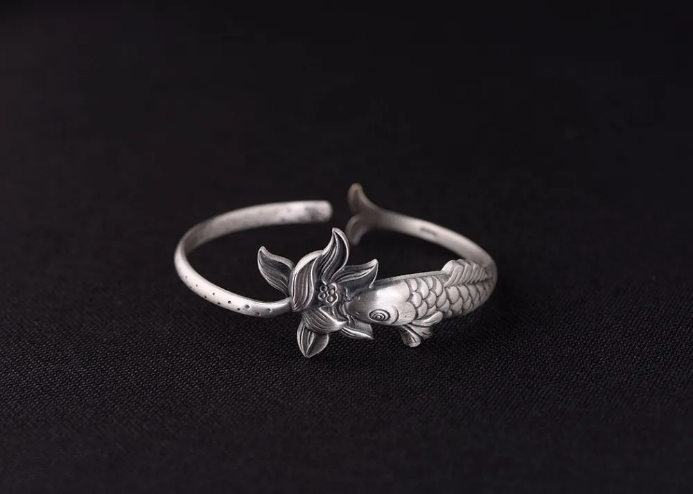 GAGAFEEL ретро браслет и кольцо женский Lotus Открытое кольцо рыбы Серебряный браслет тайский серебряный матовый ювелирные изделия для женщин