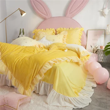 

Luxury Yellow White Gradient Color Star Embroidery Velvet Fleece Warm Girl Bedding Set Lace Duvet cover Bed Sheet Pillowcases