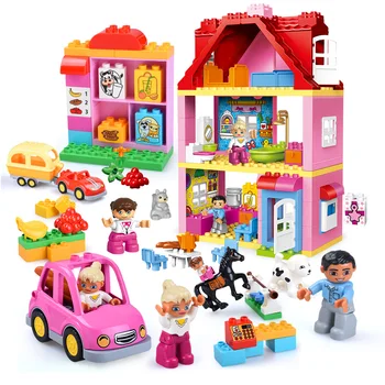 

QWZ New Diy Big Girl Friends Pink Villa Building Blocks Set Kids Compatible With Duploed Hobbies Bricks Toys For Christmas Gifts