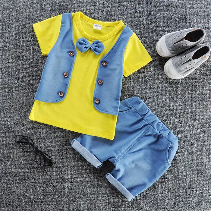 BibiCola/комплект одежды для малышей, белая рубашка с рисунком для новорожденных мальчиков+ шорты, костюм для малышей, спортивный костюм для мальчиков Детская летняя одежда, костюмы - Цвет: Золотой