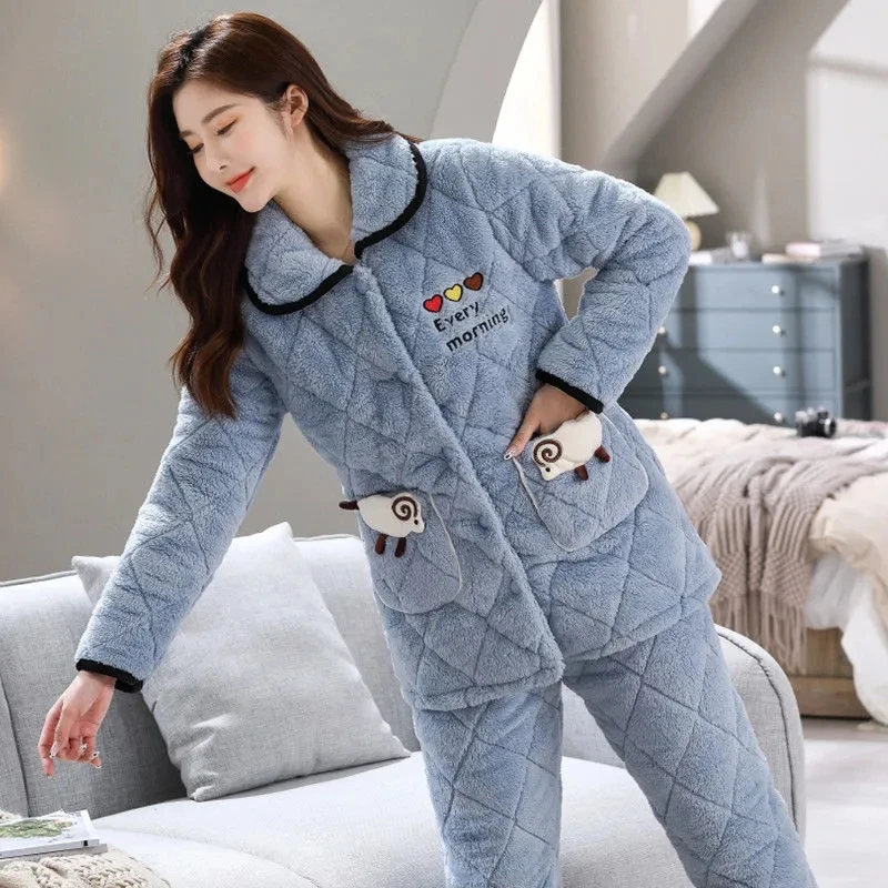 Pajamas Women Winter Sets Three-Layer Thick And Velvet mid-Long Quilted 2PCS Women's Cotton-Padded Jacket Home Service Suit 996