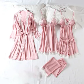 

Pink Bride Bridesmaid Wedding Robe Set Sexy Nightdress 5pcs Sleepwear Nightgown Casual Soft Kimono Bathrobe Gown Satin Homewear