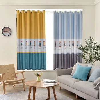 

Cartoon Bear Printed Blackout Short Curtain for Kids Bedroom Yellow Grey Stitching color Drapes for Kitchen Door Window PCA402&3