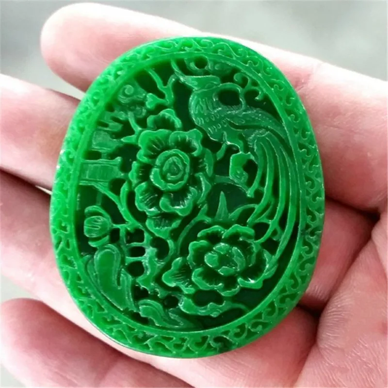 

Chinese Natural Jade Green Hand-carved Dragon and Phoenix Jade Pendant Fashion Jade Double-sided Carving Dragon Phoenix Jewelry