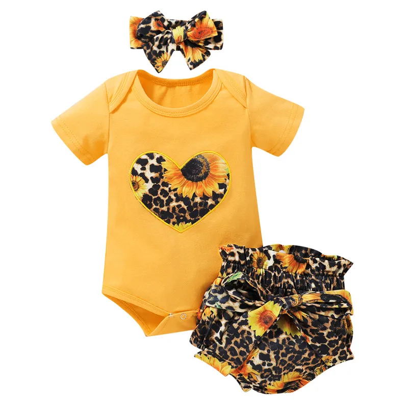 

Baby Girl Clothes Fashion Leopard Print Clothing Sunflower Summer Set Short Sleeve Romper + Elastic Shorts + Headband Sets