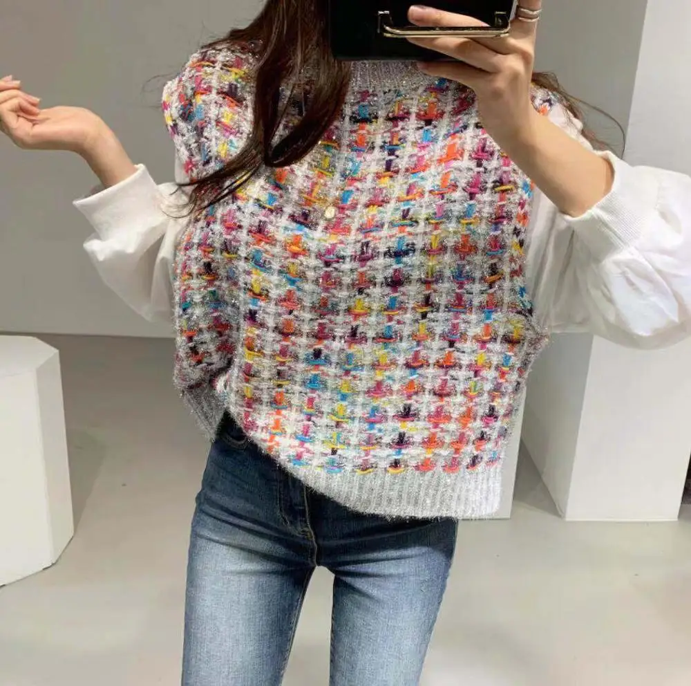 Женский трикотажный пуловер белая блузка с пышными рукавами в клетку имитацией