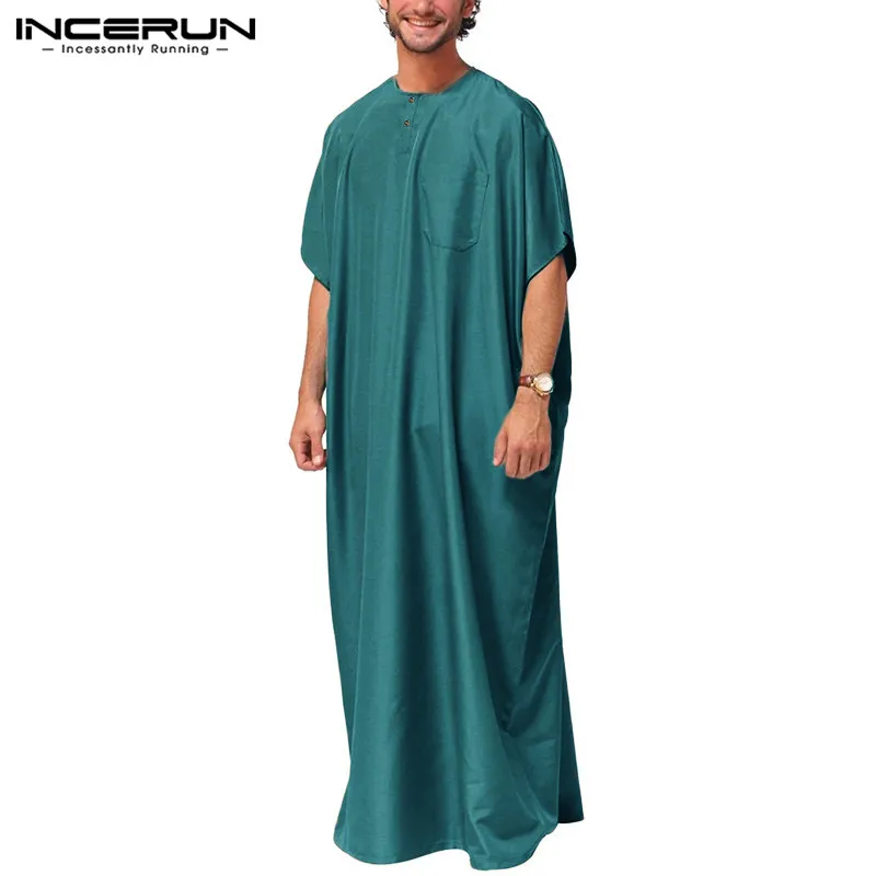 INCERUN для мужчин jubba tobe сплошной цвет короткий рукав свободные платья Винтаж Ближний Восток Арабский исламский кафтан Абая, для мусульман Одежда S-5XL