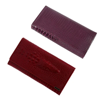 

2Pcs Women Wallet Female Coin Purses Holders Patent Leather 3D Embossing Alligator Ladies Crocodile Long Clutch Wallets - Red &