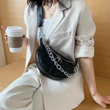 

Women Waist Pack Chain Belt Messenger Bag Zipper PU Leather Travel Street Chest Shoulder Purse Pouch