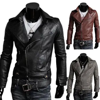 

Spring Autumn Winter Retro Punk Men's Slim Zipper Long Sleeve Turn-down Collar Lapel Faux Leather Jacket Coat Punk Men's Coat