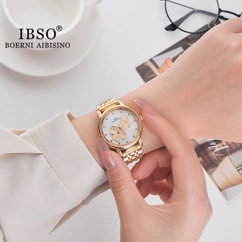 IBSO Clover 3D Luxury Green Women Watches Stainless Steel/Leather Strap 3 Color Options Flower Geneva WristWatch Ladies Gifts
