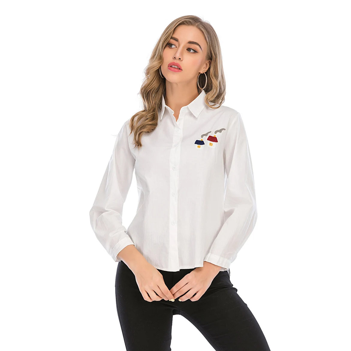 

Embroidery Women Blouses Vintage Striped Long Sleeve Blouse Turn-down Collar Shirts White Tops Plus Size Clothing for Women
