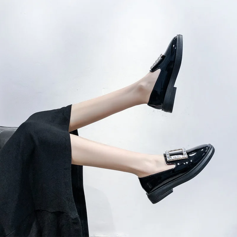 

2020 Spring New Style Man-made Diamond Square Buckle Loafers Retro British Style Casual Thick Bottomed Chunky-Heel round Head Si