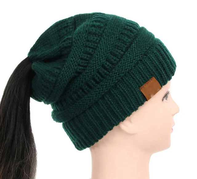 50 цветов, одноцветная и конфетти, конский хвост, шапочка для женщин, тянущаяся вязанная крючком шапка, зимние шапки для женщин с биркой - Цвет: Solid Dark Green