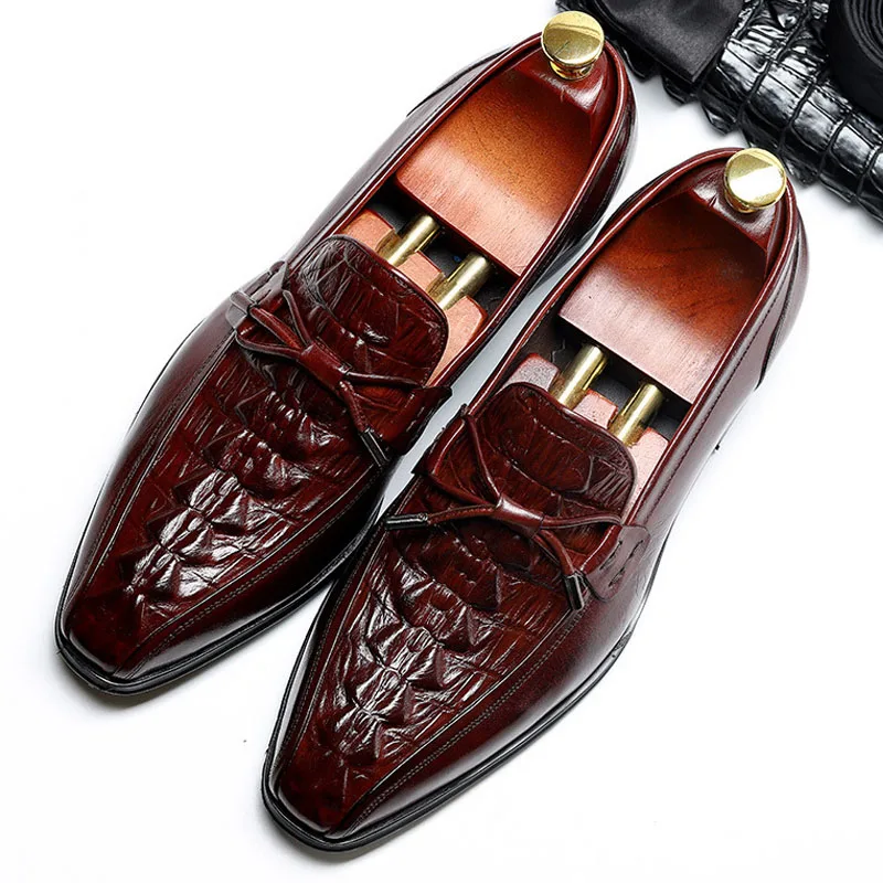 

2019 Vintage Designer Fashion Wedding Party Crocodile Shoes Male Casual Oxford Shoes Genuine Leather Men's Loafer Dress Shoes