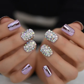 

Metallic Light Purple Fake Finger Nail High Quality 3D Designed Artificial Nails Short Crystal Lady Professional Nail Tips