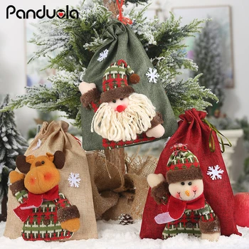 

New Linen Drawstring Christmas Gift Bag Large Candy Bag Cartoon Old Man Deer Apple Bag For Christmas Decorations Party Supplies
