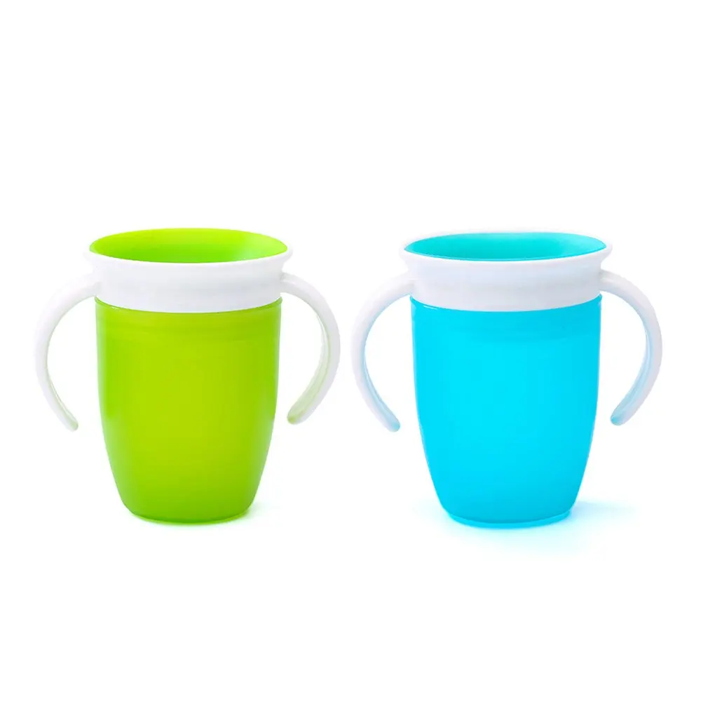 2 шт., 360 градусов, можно поворачивать, Волшебная чашка, Детская обучающая Питьевая чашка с двойной ручкой, герметичная чашка для бутылок - Цвет: Blue and Green