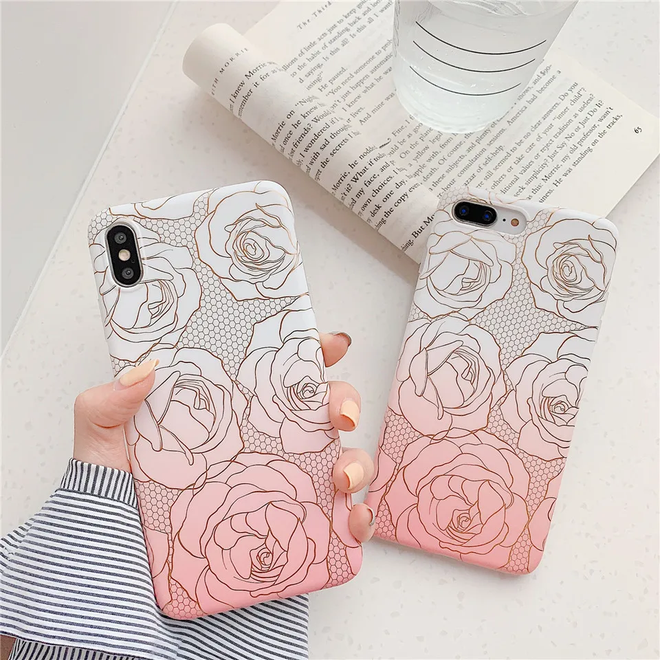 Fashion Cooling gradual rose gold flower mobile phon funda coque For Apple iPhone XS cover 7 6s plus Xs max 6 Xr 8 Cases |