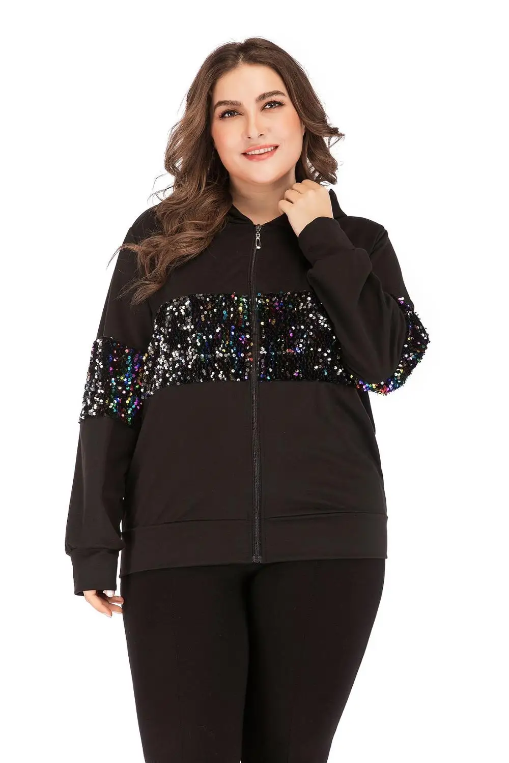 buy  Autumn winter plus size jacket for women large casual loose long sleeve sequin zipper sport short c