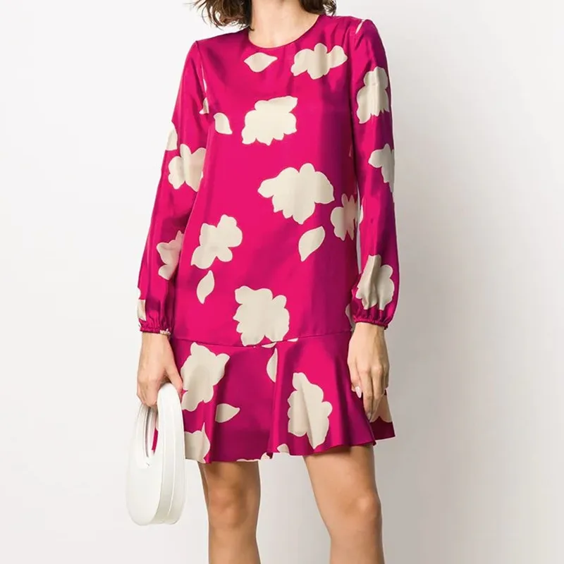 

Women O-neck Print Mini Dress Long Lantern Sleeve Loose 100% Silk A-line Beach Style Ruffles Short Dress 2020 Spring Summer New
