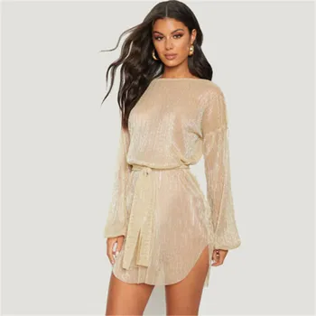 

Fashion Womens Sexy Loose Long Sleeve High Waist Mesh Sheer See Through Bandage Solid Mini Dress Sundress