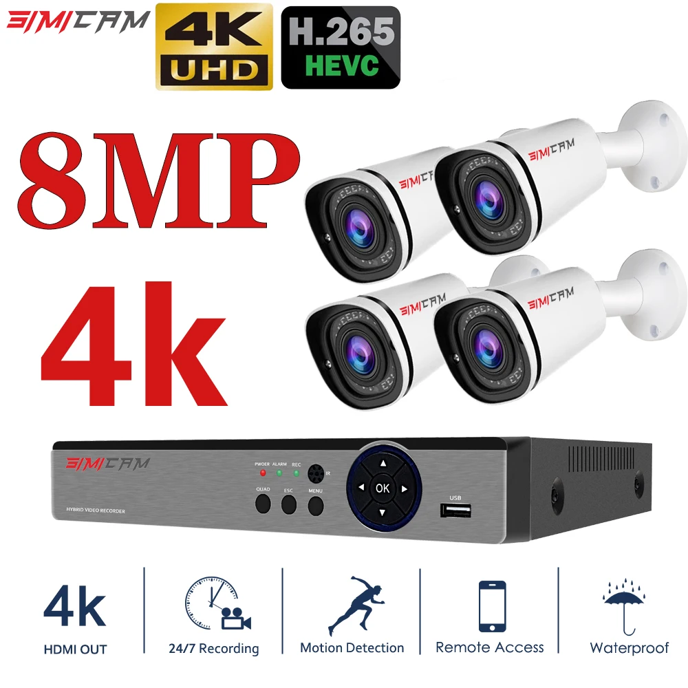 Камера видеонаблюдения SIMICAM 4K Ultra HD комплект из 4 канальной камеры с защитой от